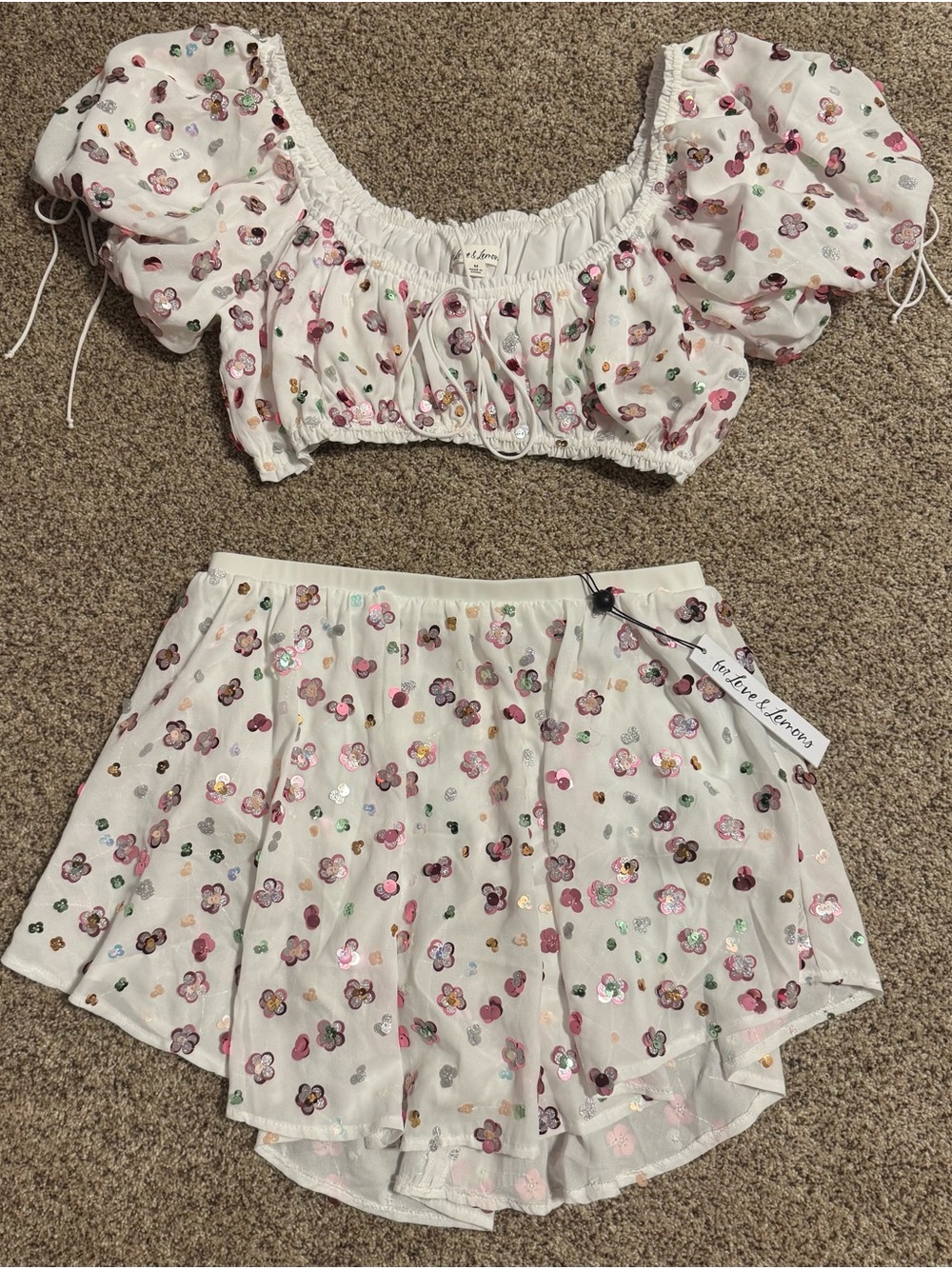For Love And Lemons White Floral Sequin Two-Piece Skirt Set - Picture 4 of 4